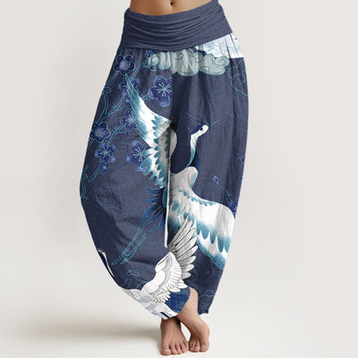 Buddha Stones Pure Cotton Cranes Flowers Clouds Waves Patterns Women's Elastic Waist Harem Pants - DarkSlateBlue - US16，UK/AU20，EU48 (3XL) - image 0