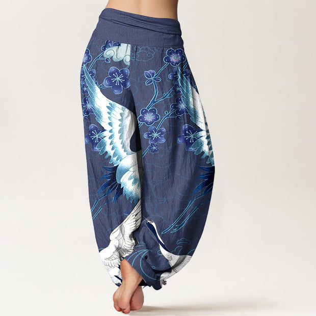 Buddha Stones Pure Cotton Cranes Flowers Clouds Waves Patterns Women's Elastic Waist Harem Pants - image 1