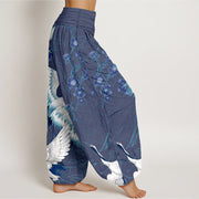 Buddha Stones Pure Cotton Cranes Flowers Clouds Waves Patterns Women's Elastic Waist Harem Pants - image 2