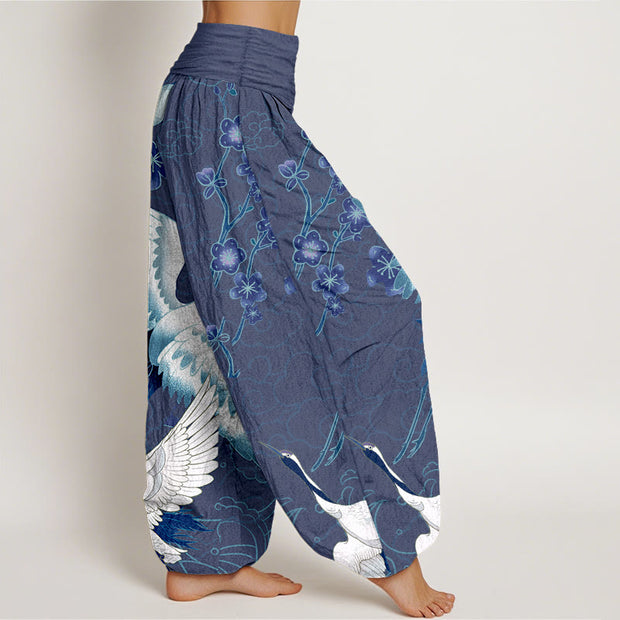 Buddha Stones Pure Cotton Cranes Flowers Clouds Waves Patterns Women's Elastic Waist Harem Pants - image 2