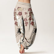 Buddha Stones Pure Cotton Cranes Flowers Clouds Waves Patterns Women's Elastic Waist Harem Pants - image 6