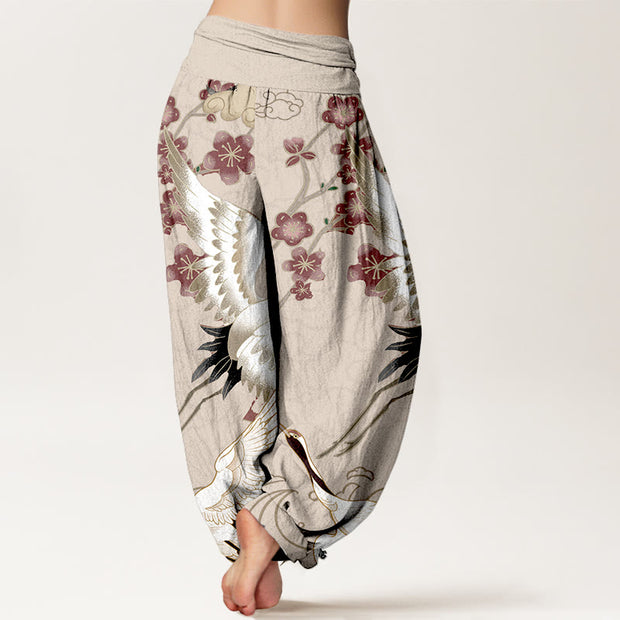 Buddha Stones Pure Cotton Cranes Flowers Clouds Waves Patterns Women's Elastic Waist Harem Pants - image 6