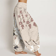 Buddha Stones Pure Cotton Cranes Flowers Clouds Waves Patterns Women's Elastic Waist Harem Pants - image 7