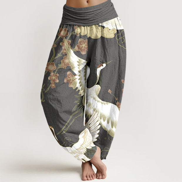 Buddha Stones Pure Cotton Cranes Flowers Clouds Waves Patterns Women's Elastic Waist Harem Pants - DimGray - US16，UK/AU20，EU48 (3XL) - image 8