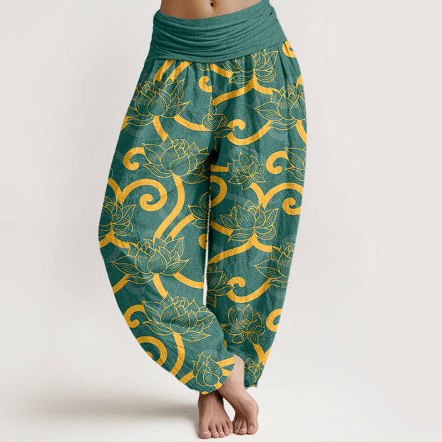 Buddha Stones Pure Cotton Elegant Gorgeous Lotus Scroll Pattern Women's Elastic Waist Harem Pants - Green - US16，UK/AU20，EU48 (3XL) - image 0