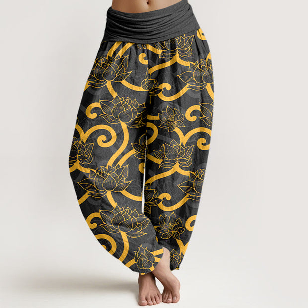 Buddha Stones Pure Cotton Elegant Gorgeous Lotus Scroll Pattern Women's Elastic Waist Harem Pants - Black - US16，UK/AU20，EU48 (3XL) - image 5