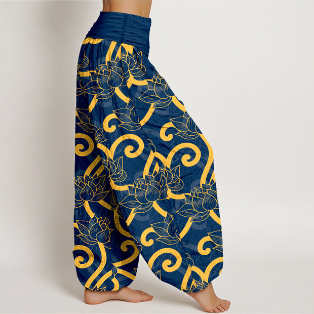 Buddha Stones Pure Cotton Elegant Gorgeous Lotus Scroll Pattern Women's Elastic Waist Harem Pants - image 10