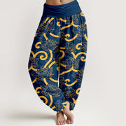 Buddha Stones Pure Cotton Elegant Gorgeous Lotus Scroll Pattern Women's Elastic Waist Harem Pants - Blue - US16，UK/AU20，EU48 (3XL) - image 8