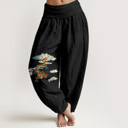 Buddha Stones Pure Cotton Colorful Dragon Cloud Pattern Women's Elastic Waist Harem Pants - Black - US16，UK/AU20，EU48 (3XL) - image 0