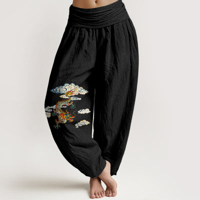 Buddha Stones Pure Cotton Colorful Dragon Cloud Pattern Women's Elastic Waist Harem Pants - Black - US16，UK/AU20，EU48 (3XL) - image 0
