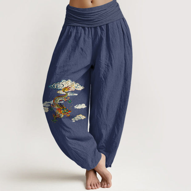 Buddha Stones Pure Cotton Colorful Dragon Cloud Pattern Women's Elastic Waist Harem Pants - MidnightBlue - US16，UK/AU20，EU48 (3XL) - image 5