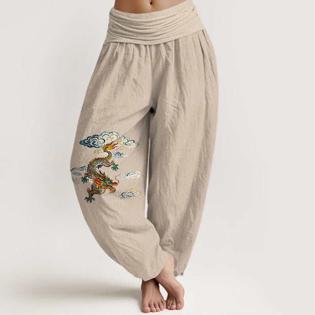 Buddha Stones Pure Cotton Colorful Dragon Cloud Pattern Women's Elastic Waist Harem Pants - PapayaWhip - US16，UK/AU20，EU48 (3XL) - image 11