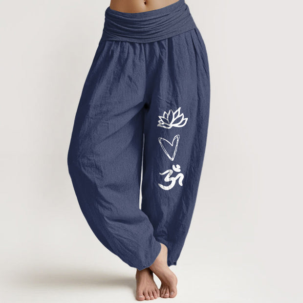 Buddha Stones Pure Cotton Lotus Heart Shape Om Symbol Pattern Women's Elastic Waist Harem Pants - MidnightBlue - US16，UK/AU20，EU48 (3XL) - image 0