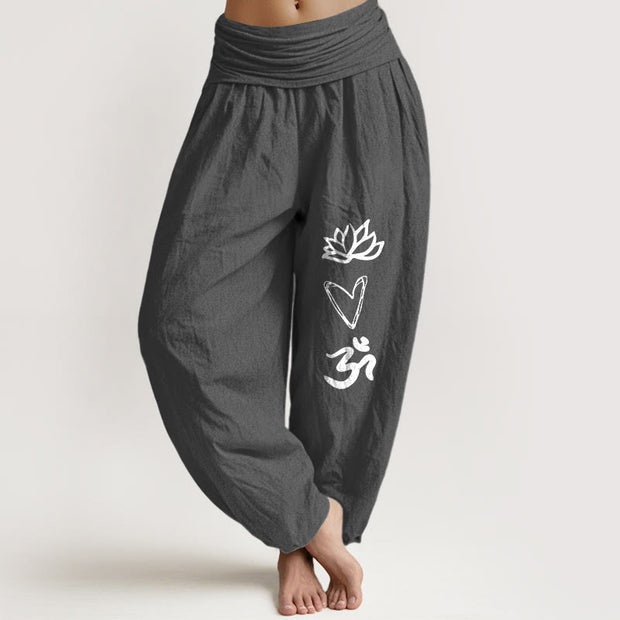 Buddha Stones Pure Cotton Lotus Heart Shape Om Symbol Pattern Women's Elastic Waist Harem Pants - Gray - US16，UK/AU20，EU48 (3XL) - image 8