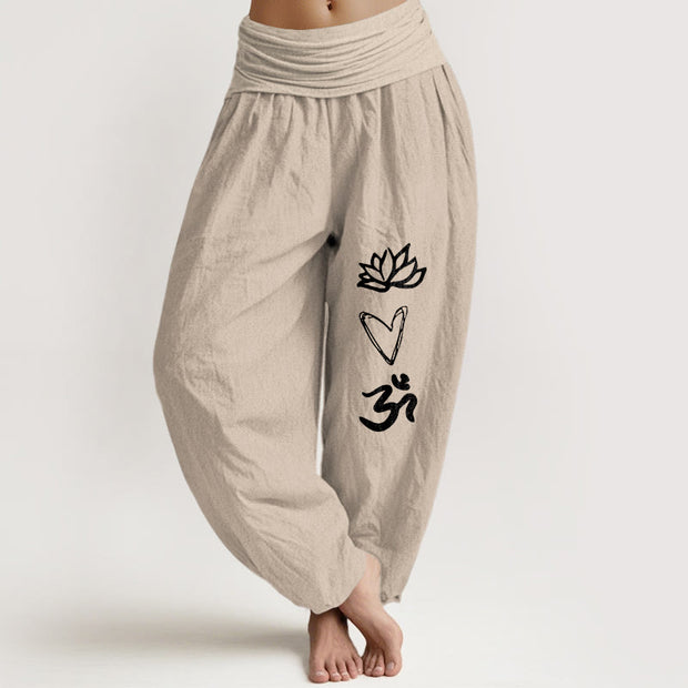 Buddha Stones Pure Cotton Lotus Heart Shape Om Symbol Pattern Women's Elastic Waist Harem Pants - PapayaWhip - US16，UK/AU20，EU48 (3XL) - image 11