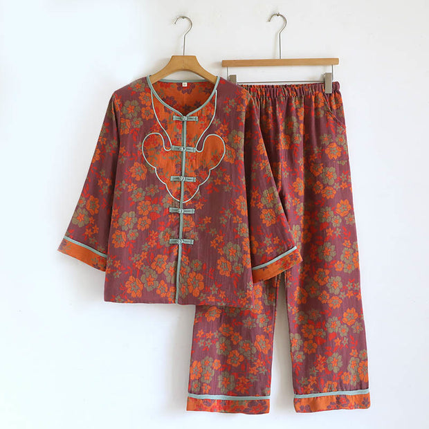 Buddha Stones 2pcs Frog-Button Printed Long Sleeve Cardigan Shirt Pants With Pockets Cotton Set  - FireBrick - US8-10，UK/AU12-14，EU40-42 (XL) - image 20