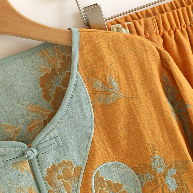 Buddha Stones 2pcs Frog-Button Printed Long Sleeve Cardigan Shirt Pants With Pockets Cotton Set  - image 4