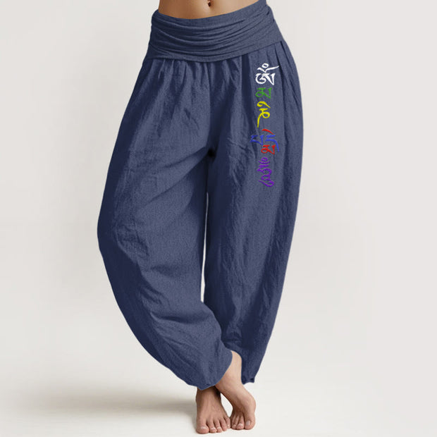 Buddha Stones Pure Cotton Om Symbol Tibetan Script Pattern Women's Elastic Waist Harem Pants - MidnightBlue - US16，UK/AU20，EU48 (3XL) - image 5