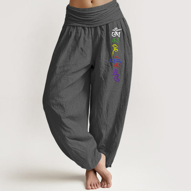 Buddha Stones Pure Cotton Om Symbol Tibetan Script Pattern Women's Elastic Waist Harem Pants - Gray - US16，UK/AU20，EU48 (3XL) - image 8