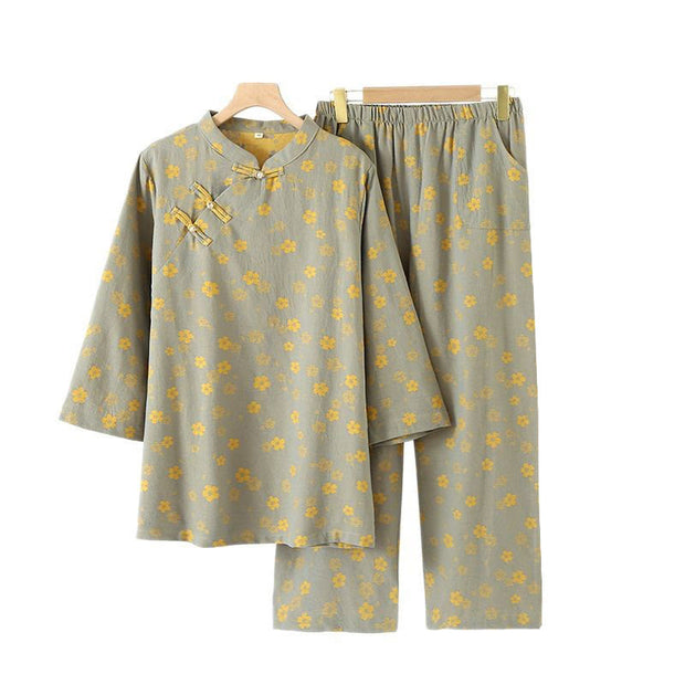 Buddha Stones 2pcs Jacquard Floral Long Sleeve Frog-Button Shirt Pants With Pockets Cotton Set  - image 4