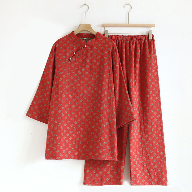 Buddha Stones 2pcs Jacquard Floral Long Sleeve Frog-Button Shirt Pants With Pockets Cotton Set  - Crimson - US8-10，UK/AU12-14，EU40-42 (XL) - image 5
