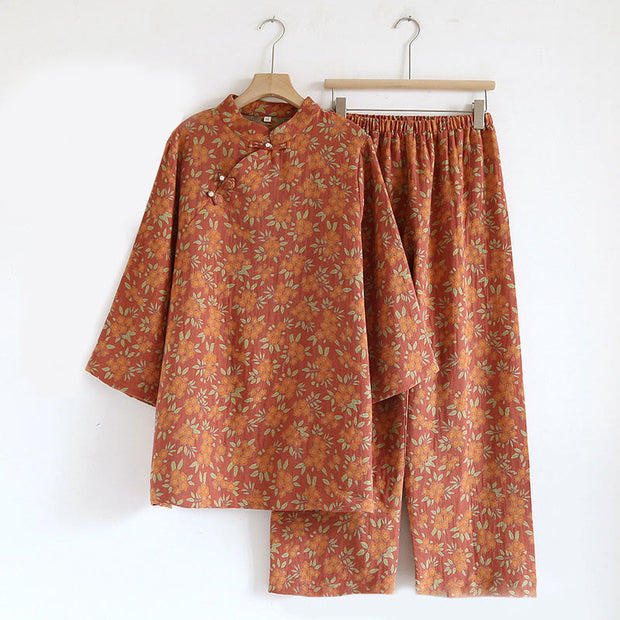 Buddha Stones 2pcs Jacquard Floral Long Sleeve Frog-Button Shirt Pants With Pockets Cotton Set  - IndianRed - US8-10，UK/AU12-14，EU40-42 (XL) - image 19