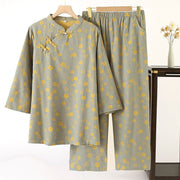 Buddha Stones 2pcs Jacquard Floral Long Sleeve Frog-Button Shirt Pants With Pockets Cotton Set  - DarkSeaGreen - US8-10，UK/AU12-14，EU40-42 (XL) - image 0