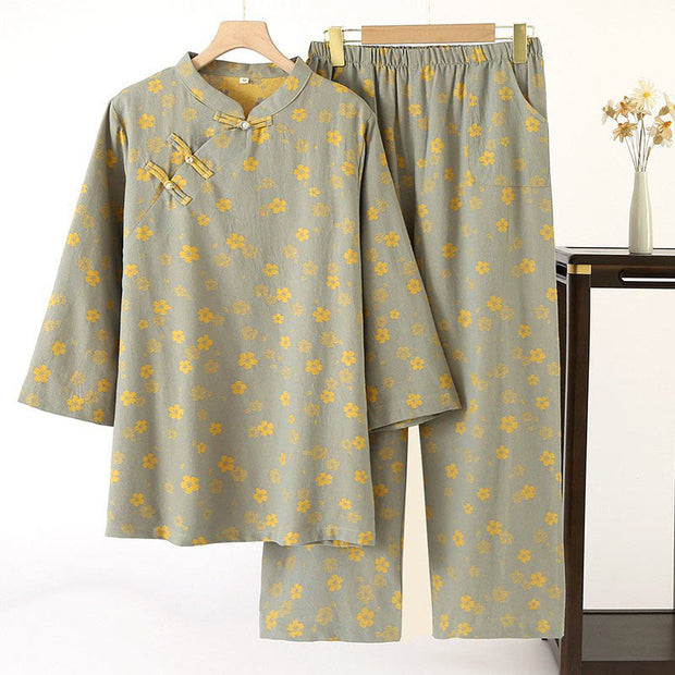 Buddha Stones 2pcs Jacquard Floral Long Sleeve Frog-Button Shirt Pants With Pockets Cotton Set  - DarkSeaGreen - US8-10，UK/AU12-14，EU40-42 (XL) - image 0