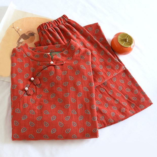 Buddha Stones 2pcs Jacquard Floral Long Sleeve Frog-Button Shirt Pants With Pockets Cotton Set  - image 7