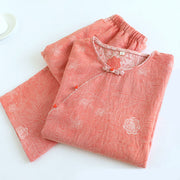 Buddha Stones 2pcs FLoral Pattern Long Sleeve Crew Neck Button Design Shirt Pants With Pockets Cotton Set  - image 26