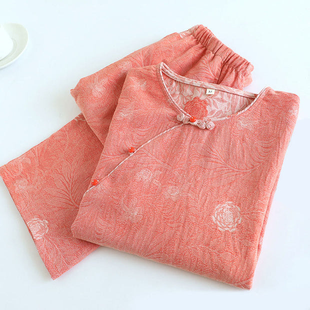 Buddha Stones 2pcs FLoral Pattern Long Sleeve Crew Neck Button Design Shirt Pants With Pockets Cotton Set  - image 26