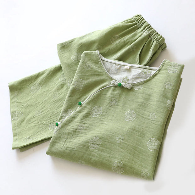 Buddha Stones 2pcs FLoral Pattern Long Sleeve Crew Neck Button Design Shirt Pants With Pockets Cotton Set  - image 5