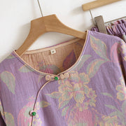 Buddha Stones 2pcs FLoral Pattern Long Sleeve Crew Neck Button Design Shirt Pants With Pockets Cotton Set  - image 9