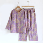 Buddha Stones 2pcs FLoral Pattern Long Sleeve Crew Neck Button Design Shirt Pants With Pockets Cotton Set  - Orchid Peony - US8-10，UK/AU12-14，EU40-42 (XL) - image 6