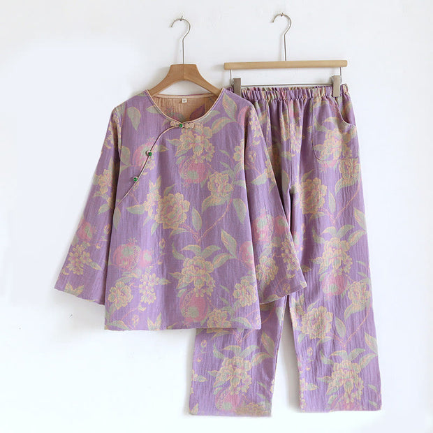 Buddha Stones 2pcs FLoral Pattern Long Sleeve Crew Neck Button Design Shirt Pants With Pockets Cotton Set  - Orchid Peony - US8-10，UK/AU12-14，EU40-42 (XL) - image 6
