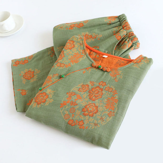 Buddha Stones 2pcs FLoral Pattern Long Sleeve Crew Neck Button Design Shirt Pants With Pockets Cotton Set  - image 1