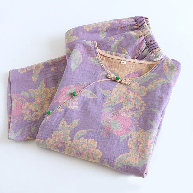 Buddha Stones 2pcs FLoral Pattern Long Sleeve Crew Neck Button Design Shirt Pants With Pockets Cotton Set  - image 8