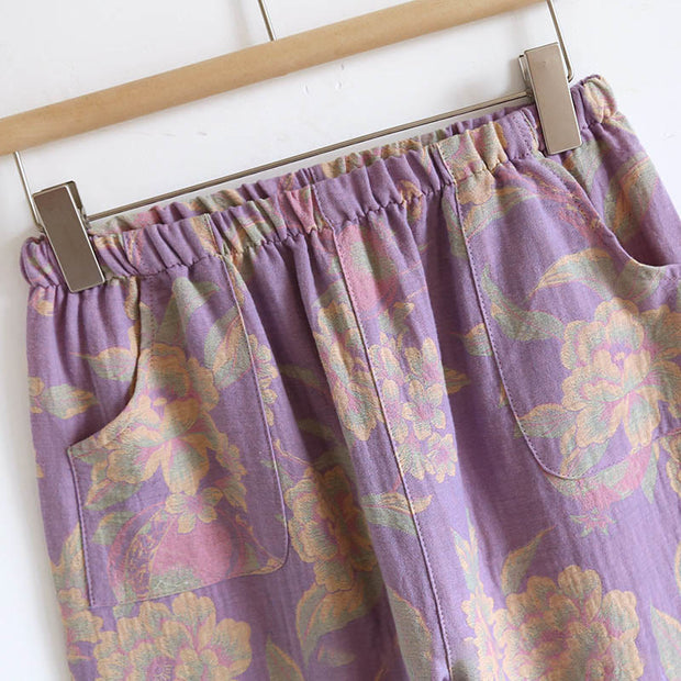 Buddha Stones 2pcs FLoral Pattern Long Sleeve Crew Neck Button Design Shirt Pants With Pockets Cotton Set  - image 19