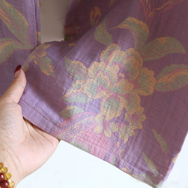 Buddha Stones 2pcs FLoral Pattern Long Sleeve Crew Neck Button Design Shirt Pants With Pockets Cotton Set  - image 18