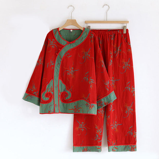Buddha Stones 2pcs Patchwork Long Sleeve Frog-Button Crew Neck Shirt Pants With Pockets Cotton Set  - Red Orchid Pattern - US8-10，UK/AU12-14，EU40-42 (XL) - image 0
