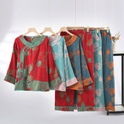 Buddha Stones 2pcs Patchwork Long Sleeve Frog-Button Crew Neck Shirt Pants With Pockets Cotton Set  - image 15