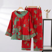 Buddha Stones 2pcs Patchwork Long Sleeve Frog-Button Crew Neck Shirt Pants With Pockets Cotton Set  - Red Fruit Pattern - US8-10，UK/AU12-14，EU40-42 (XL) - image 4