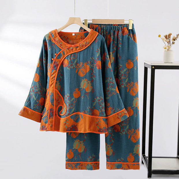Buddha Stones 2pcs Patchwork Long Sleeve Frog-Button Crew Neck Shirt Pants With Pockets Cotton Set  - SteelBlue Fruit Pattern - US8-10，UK/AU12-14，EU40-42 (XL) - image 3