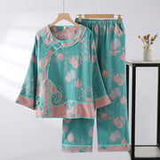 Buddha Stones 2pcs Patchwork Long Sleeve Frog-Button Crew Neck Shirt Pants With Pockets Cotton Set  - Turquoise Fruit Pattern - US8-10，UK/AU12-14，EU40-42 (XL) - image 2