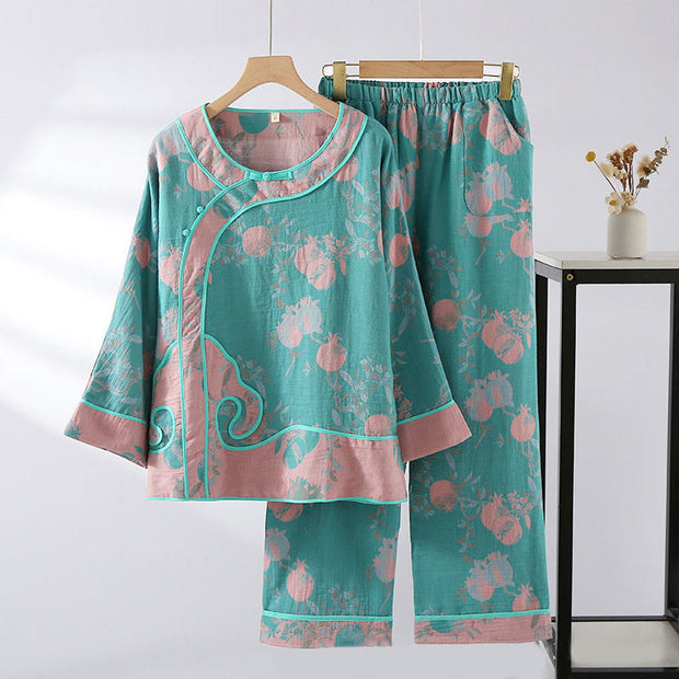 Buddha Stones 2pcs Patchwork Long Sleeve Frog-Button Crew Neck Shirt Pants With Pockets Cotton Set  - Turquoise Fruit Pattern - US8-10，UK/AU12-14，EU40-42 (XL) - image 2