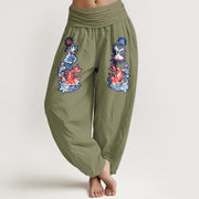 Buddha Stones Pure Cotton Striking Koi Fish Flower Pattern Women's Elastic Waist Harem Pants - OliveDrab - US16，UK/AU20，EU48 (3XL) - image 0