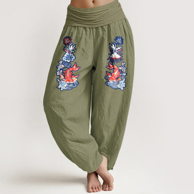 Buddha Stones Pure Cotton Striking Koi Fish Flower Pattern Women's Elastic Waist Harem Pants - OliveDrab - US16，UK/AU20，EU48 (3XL) - image 0
