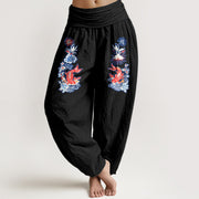 Buddha Stones Pure Cotton Striking Koi Fish Flower Pattern Women's Elastic Waist Harem Pants - Black - US16，UK/AU20，EU48 (3XL) - image 5