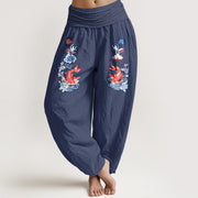 Buddha Stones Pure Cotton Striking Koi Fish Flower Pattern Women's Elastic Waist Harem Pants - MidnightBlue - US16，UK/AU20，EU48 (3XL) - image 8