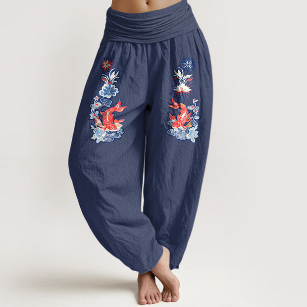 Buddha Stones Pure Cotton Striking Koi Fish Flower Pattern Women's Elastic Waist Harem Pants - MidnightBlue - US16，UK/AU20，EU48 (3XL) - image 8